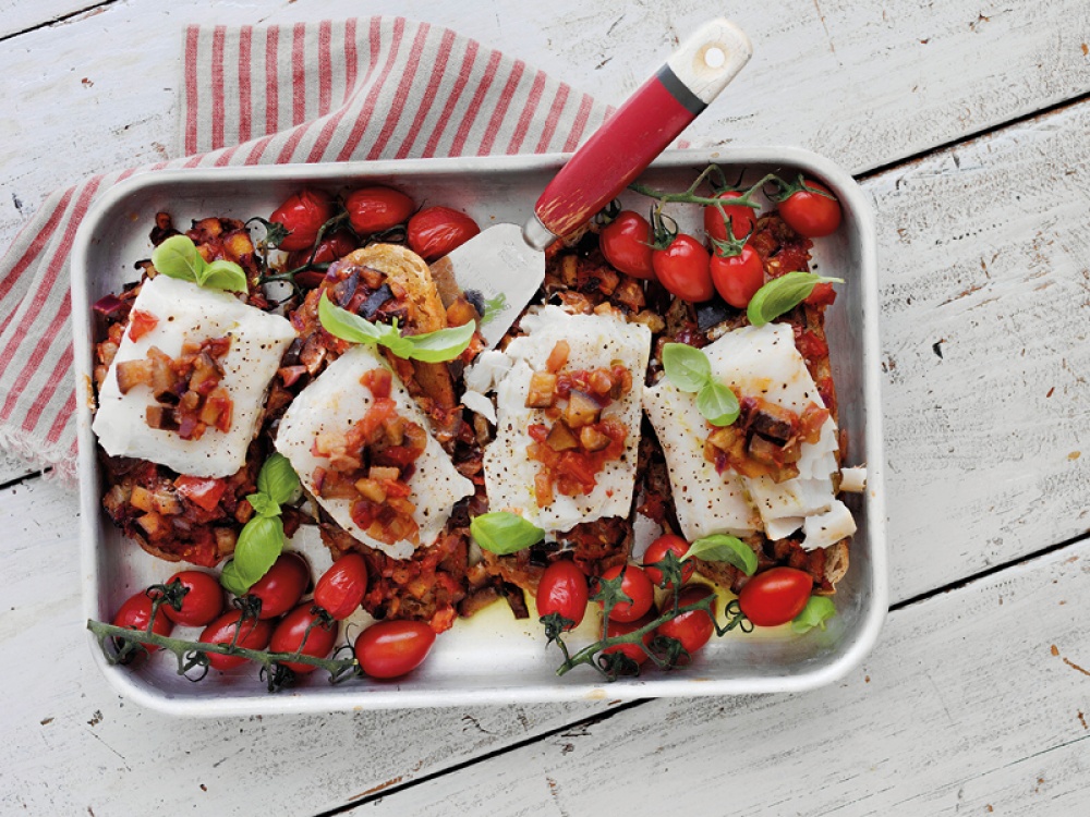 Baked Cod Bruschetta with Hot Tomato and Aubergine Salsa