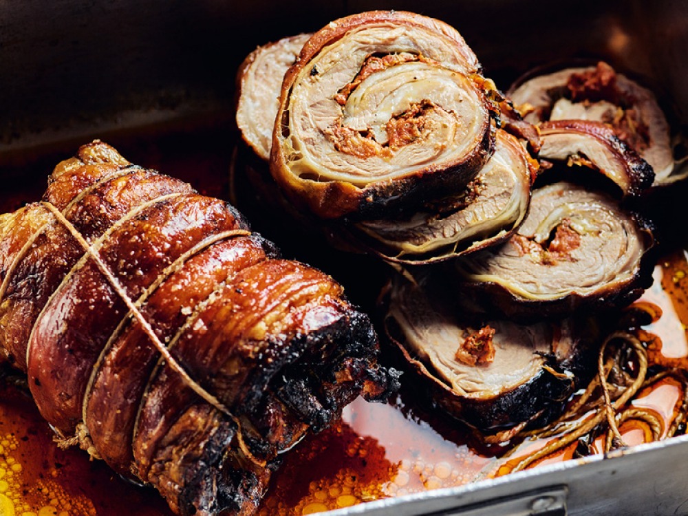 Rolled Lamb Breast with Herbs, Lemon and Tomatoes