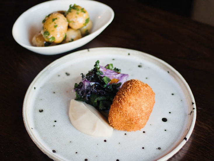 hake and brown shrimp, serve it with garlic butter, artichoke purée and curly kale.