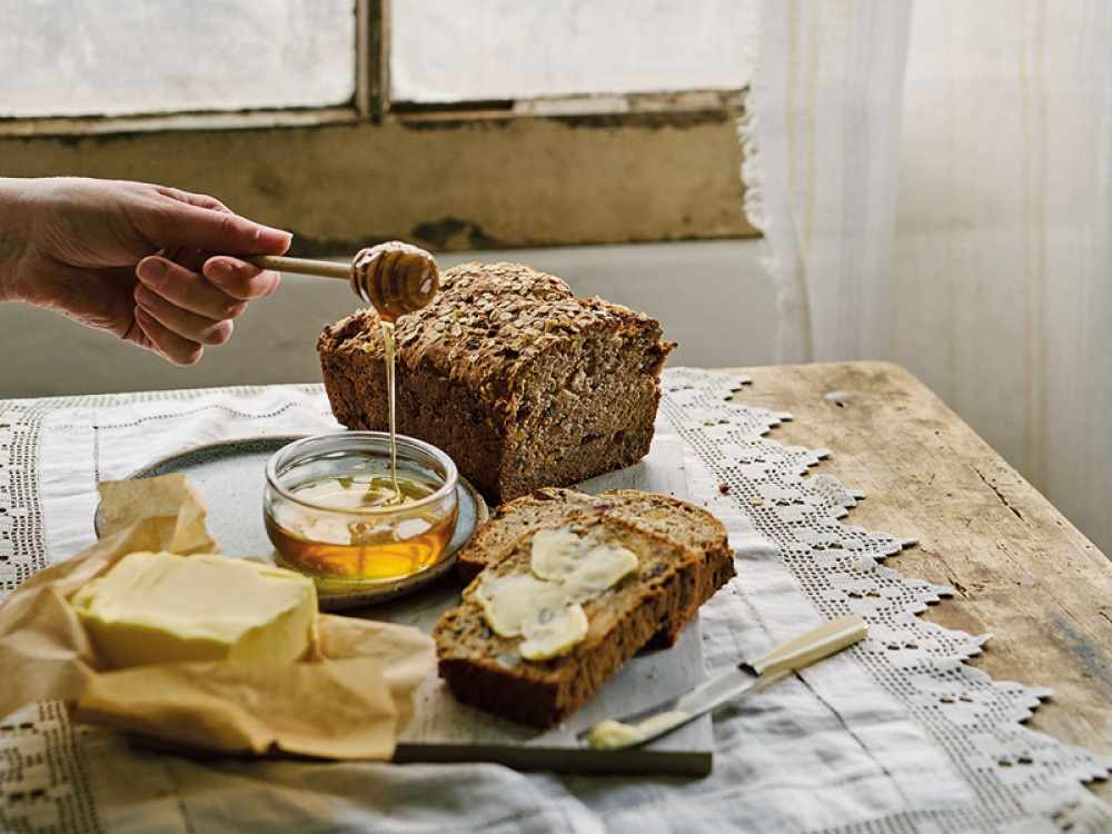 Honeyed Wheaten Bread with Jumbled Nuts, Seeds and Fruit