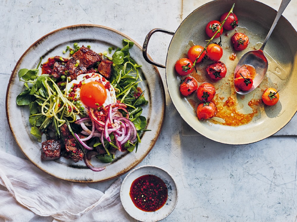 Oyster and Peppercorn Rib-Eye Steak and Egg