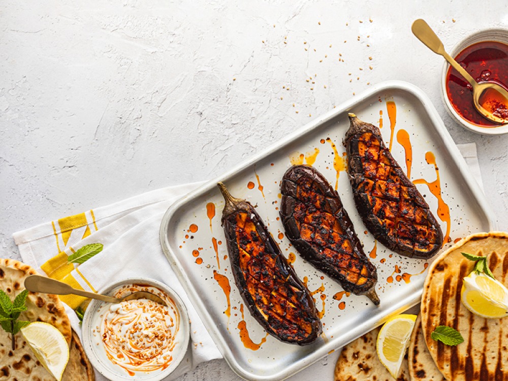 Harissa Aubergine with Greek Yoghurt and Flatbreads