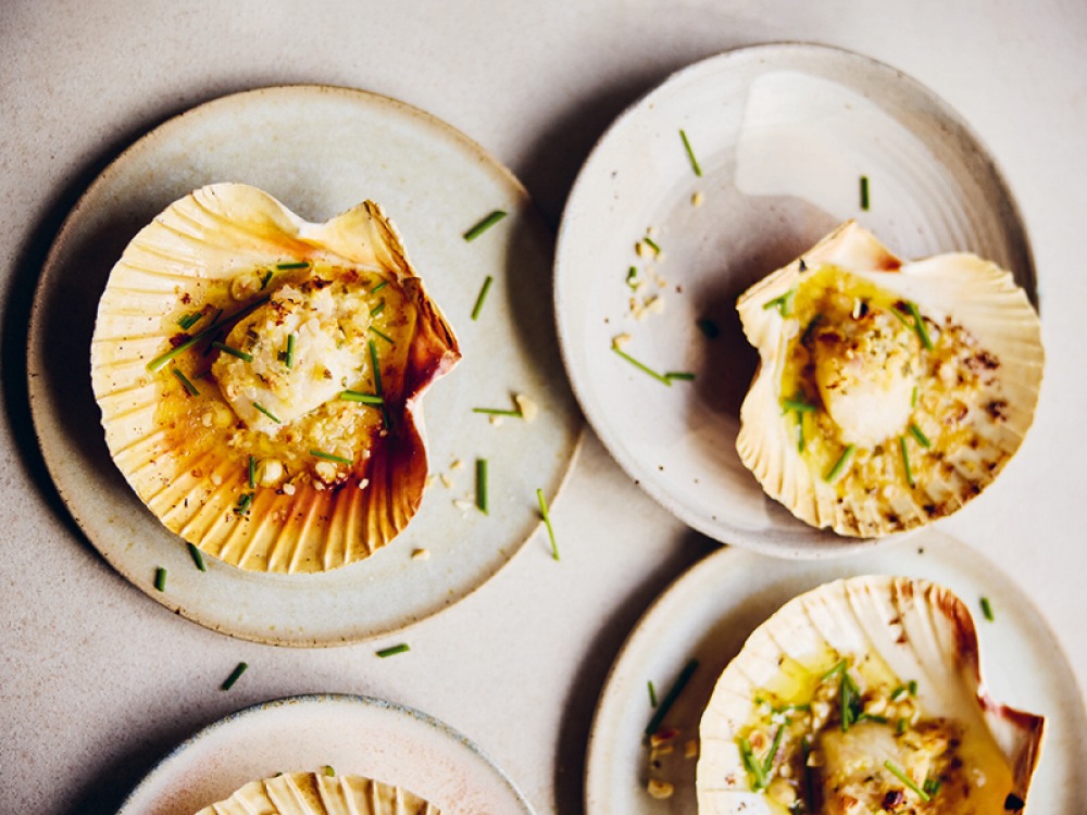 Scallops Roasted in the Shell with Shallot and Hazelnut Butter