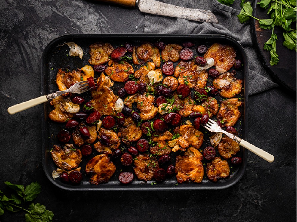 Crushed Potato Bravas with Chorizo (ish)