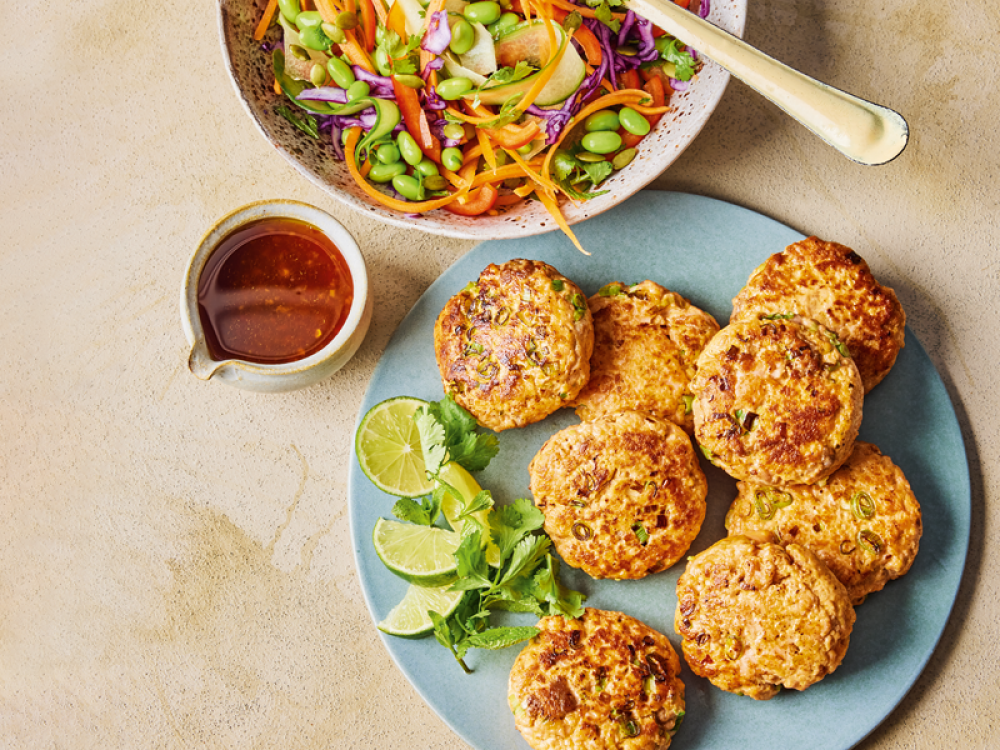 Thai Salmon Cakes with Rainbow Crunch Salad