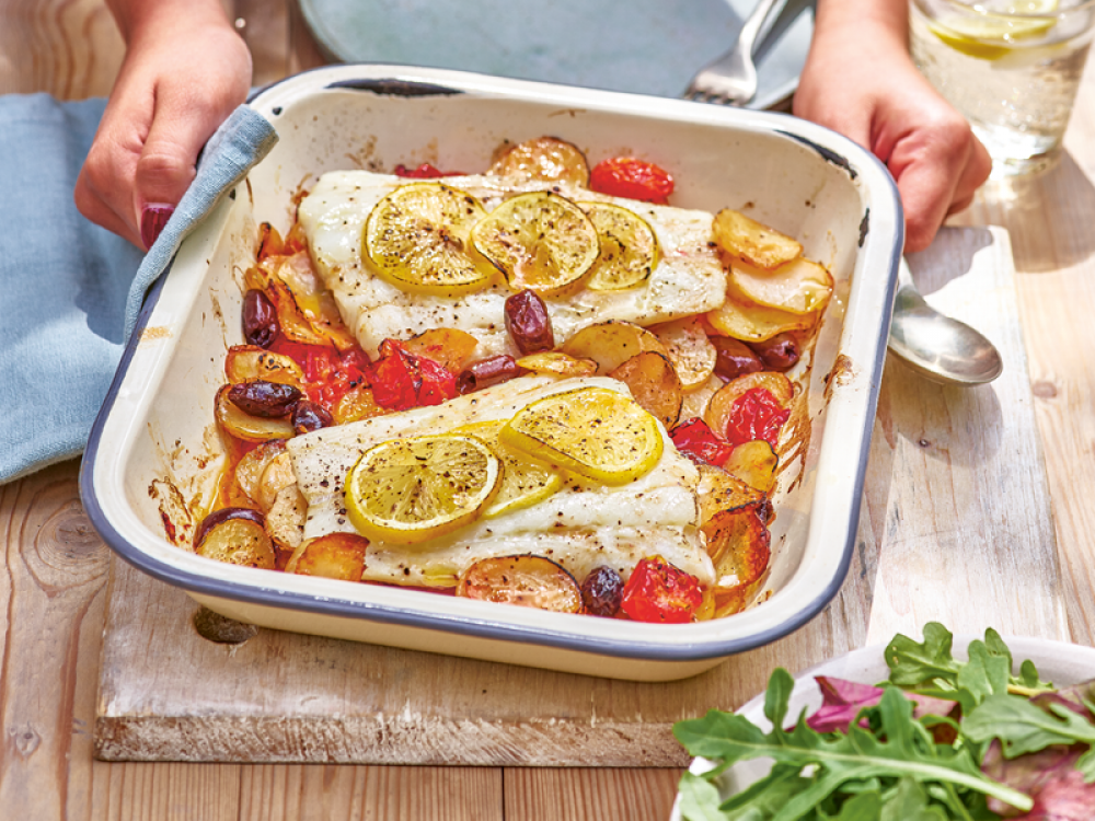 Cod With Lemony Potatoes, Tomatoes & Olives