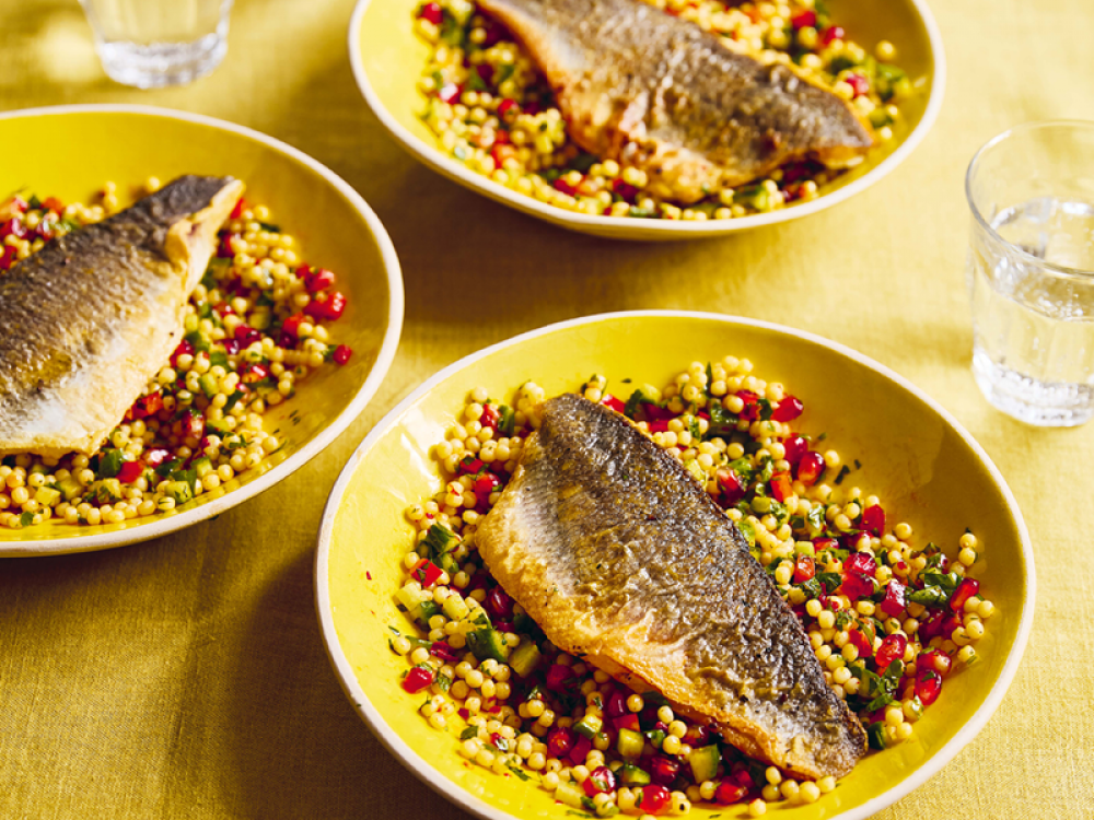 Crispy Za’atar Sea Bass With Jewelled Giant Couscous