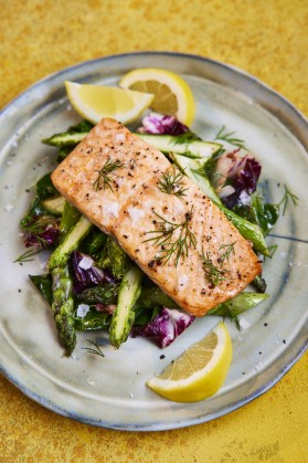 Nordic Baked Salmon with Stir Fried Spring Greens, Radicchio and Asparagus