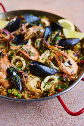Spanish Paella with Monkfish, Prawns, Squid and Mussels