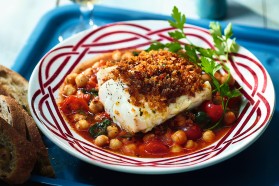 Harissa-Crusted Cod with Quick Chickpea, Spinach & Tomato Stew