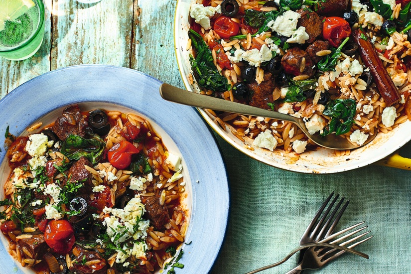 One-Pot Baked Lamb Orzo with Spinach, Black Olives & Feta