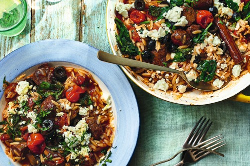 One-Pot Baked Lamb Orzo with Spinach, Black Olives & Feta