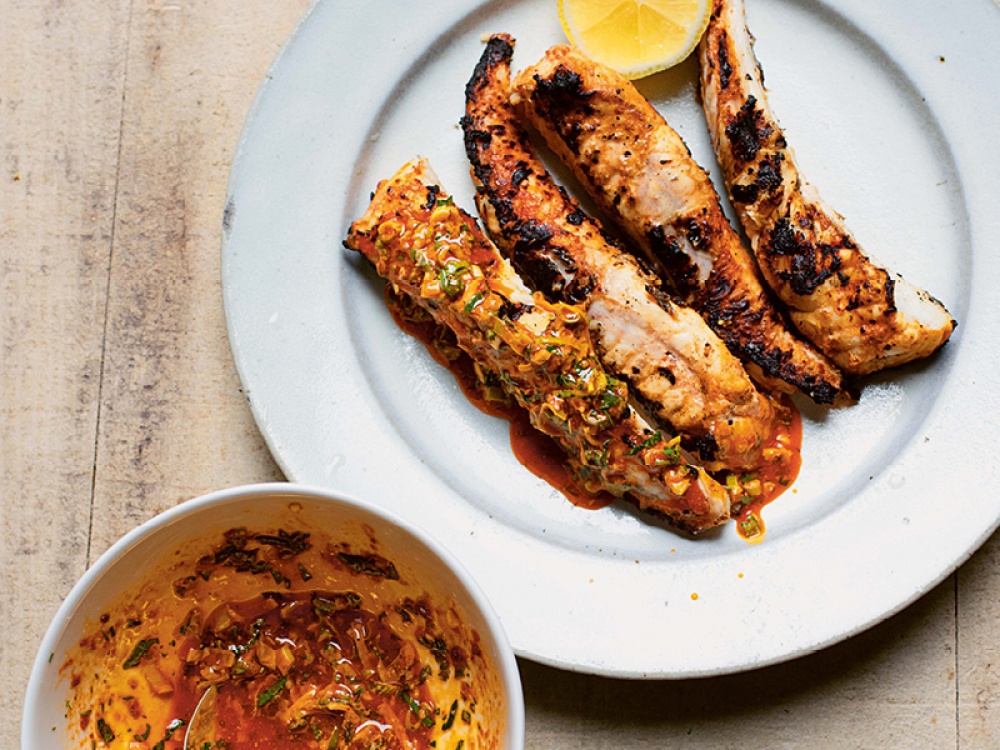 Griddled Monkfish Tails with Harissa Marinade - From The Weekend Cook, Angela Hartnett