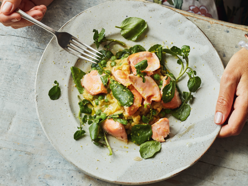 Monday Night Salmon with Chickpeas, Peas and Watercress