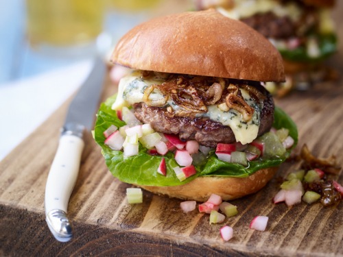 Blue Cheese Beef Burger with a Celery & Radish Salsa and Caramelised Shallots