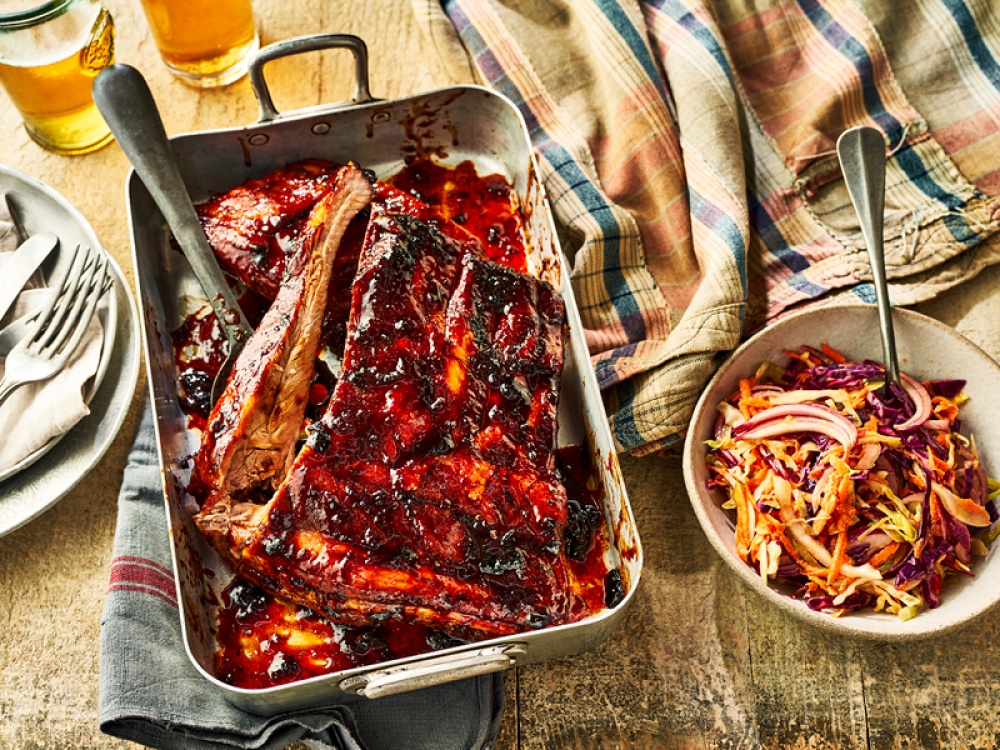 Sticky BBQ Pork Ribs with Habanero Hot Ketchup and Slaw