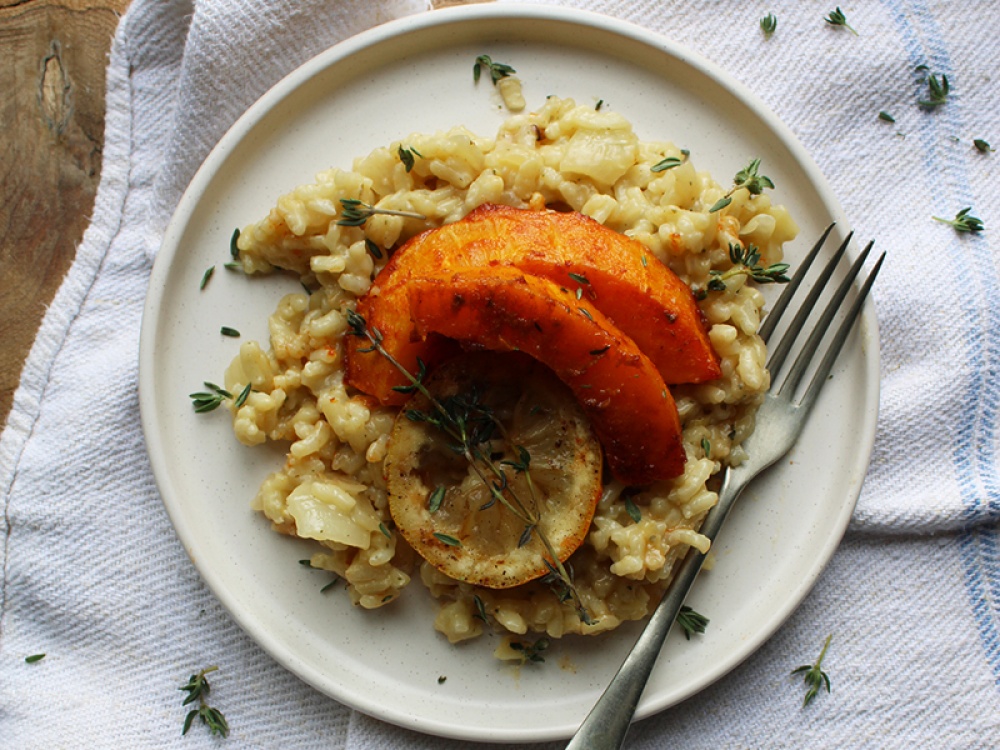 Lemon, Garlic and Thyme Risotto with Spicy Chorizo Squash