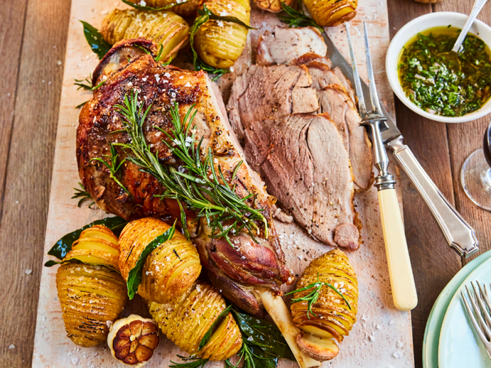 Leg of Lamb with Hasselback Potatoes and Salsa Verde