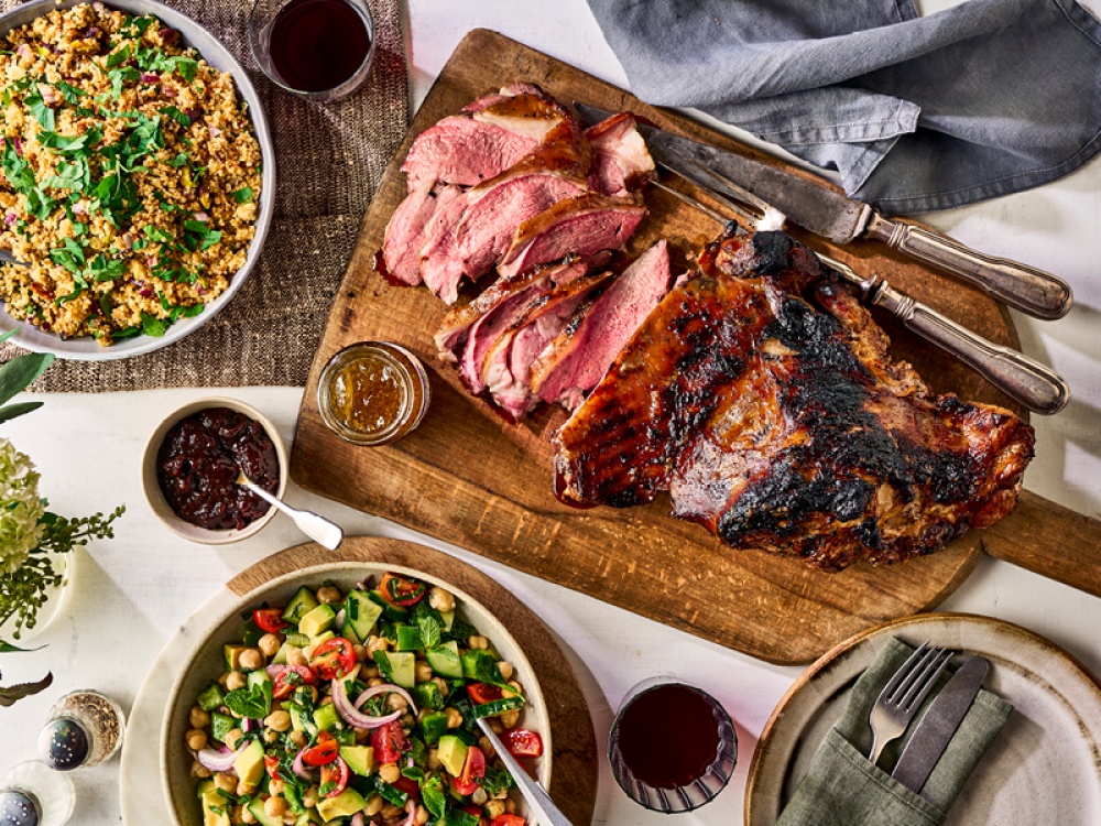 Butterflied Leg of Lamb with Apricot Couscous and Dijon Chickpea Salad