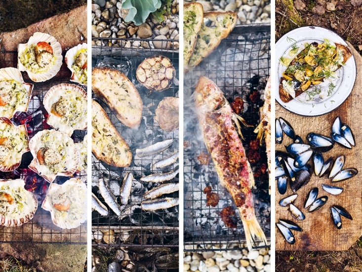 collage of 4 different sea food recipes