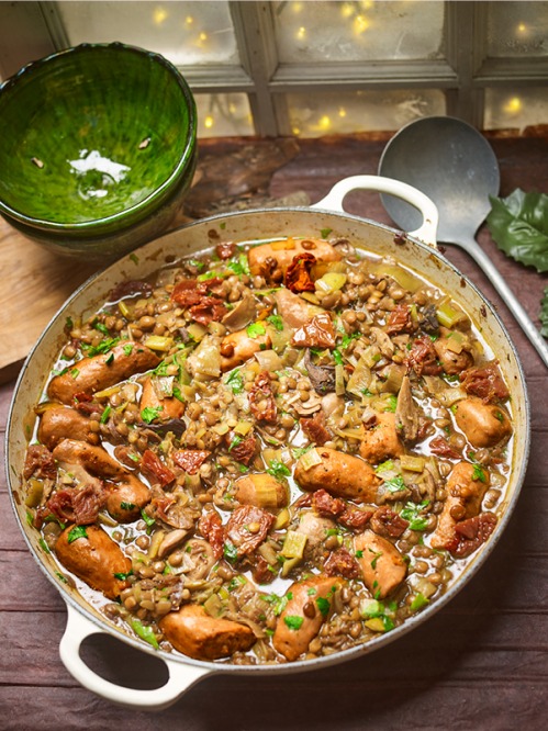 Lentils with Sausage, Peppers and Dried Porcini
