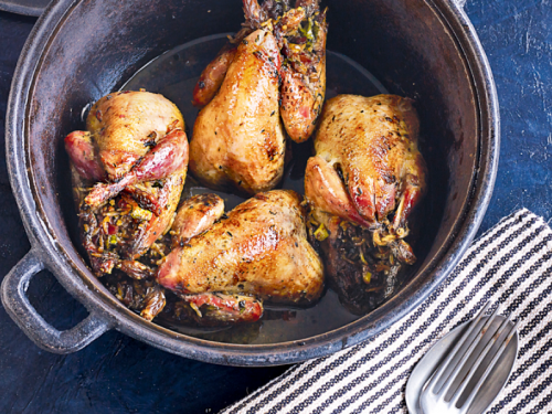 Pot-Roasted Partridges Stuffed with Coconut Rice, Pistachios and Cranberries