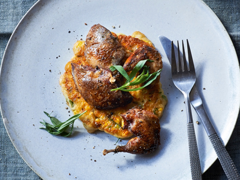 Roasted Snipe on Sweetcorn and Tarragon Pancakes