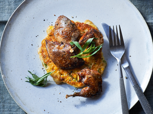 Roasted Snipe on Sweetcorn and Tarragon Pancakes