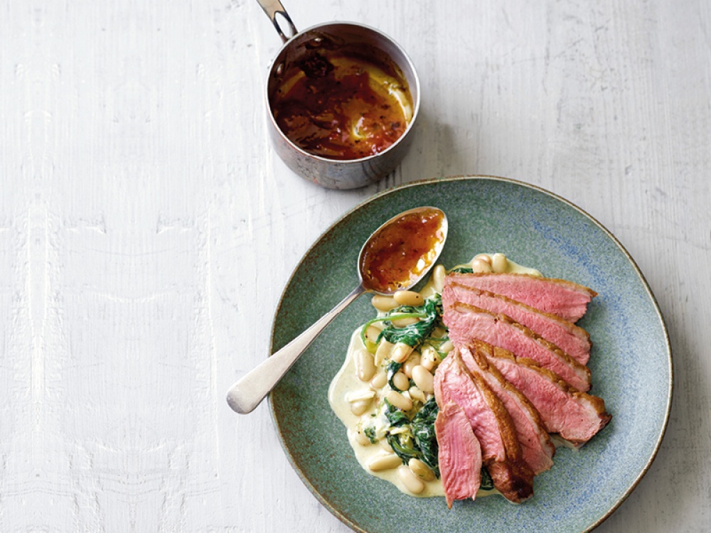 Duck Breast with Cannellini Bean Ragout and Plum Sauce Recipe