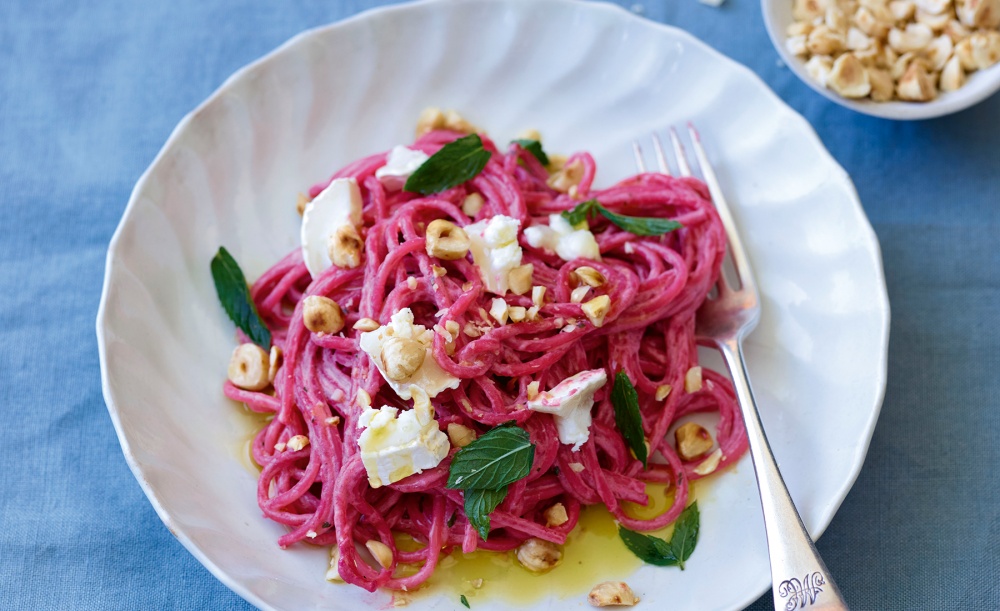 Beetroot, Goats' Cheese, Hazelnut & Mint Spaghetti, Jane Lovett Just One Pan