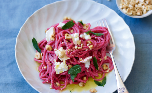 Beetroot, Goats' Cheese, Hazelnut & Mint Spaghetti