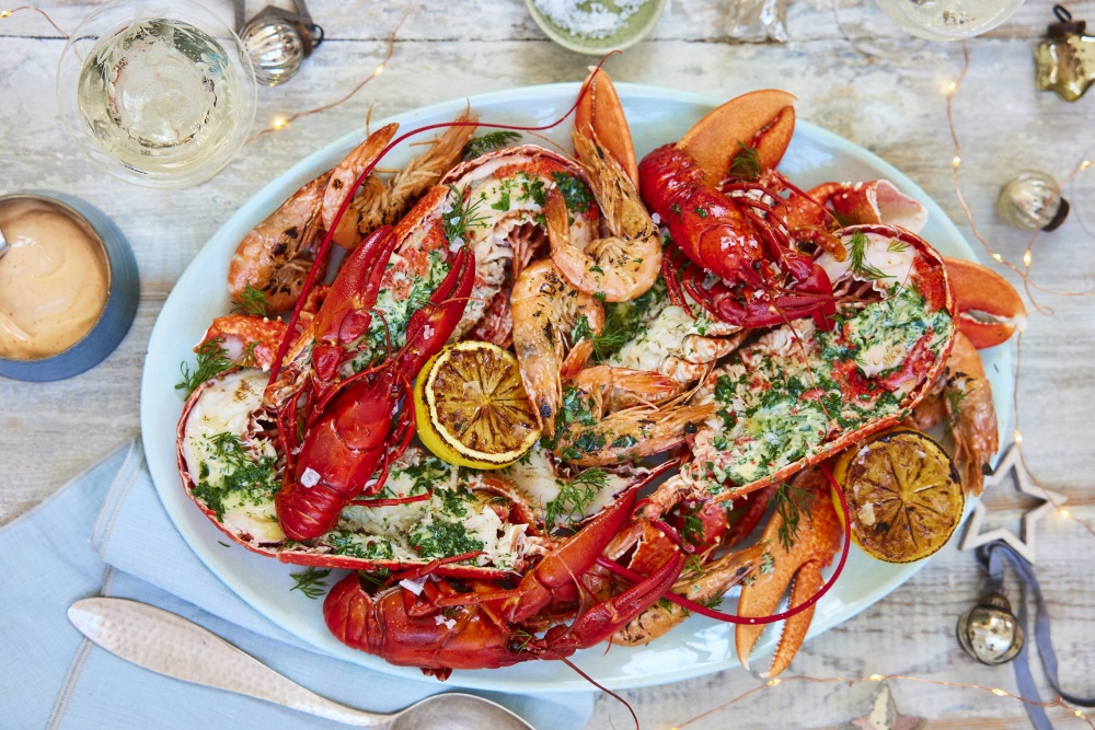 BBQ Prawns, Lobster and Crayfish with Herb Butter and Siracha Mayonnaise