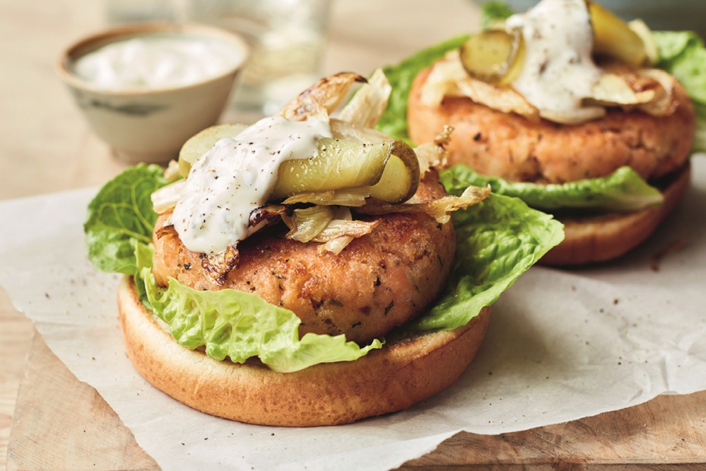 Salmon and Dill Burger with Lemon Caper Mayonnaise, Mary Berry