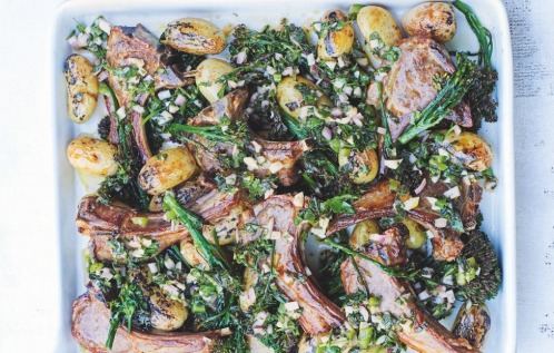 BBQ lamb chops with chimichurri sauce, broccolini & new potatoes