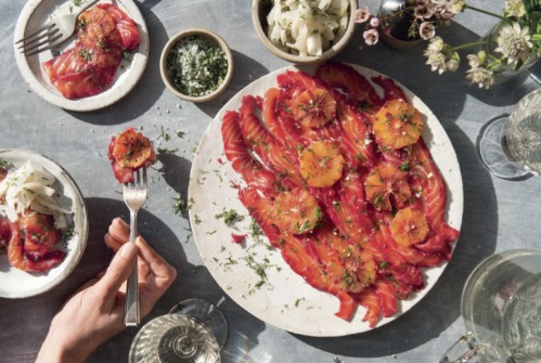 Beetroot, Blood Orange and  Gin-cured Salmon with Fennel  & Dill Pickle