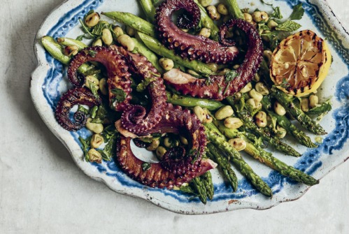 Grilled octopus with asparagus, broad beans & blackened lemon