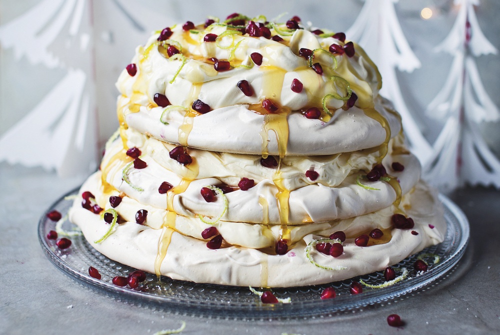 Passion fruit and pomegranate pavlova layer cake Great British Bake Off: Christmas by Lizzie Kamenetzky