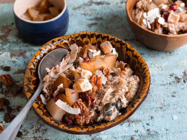 pear slices and pecans on muesli