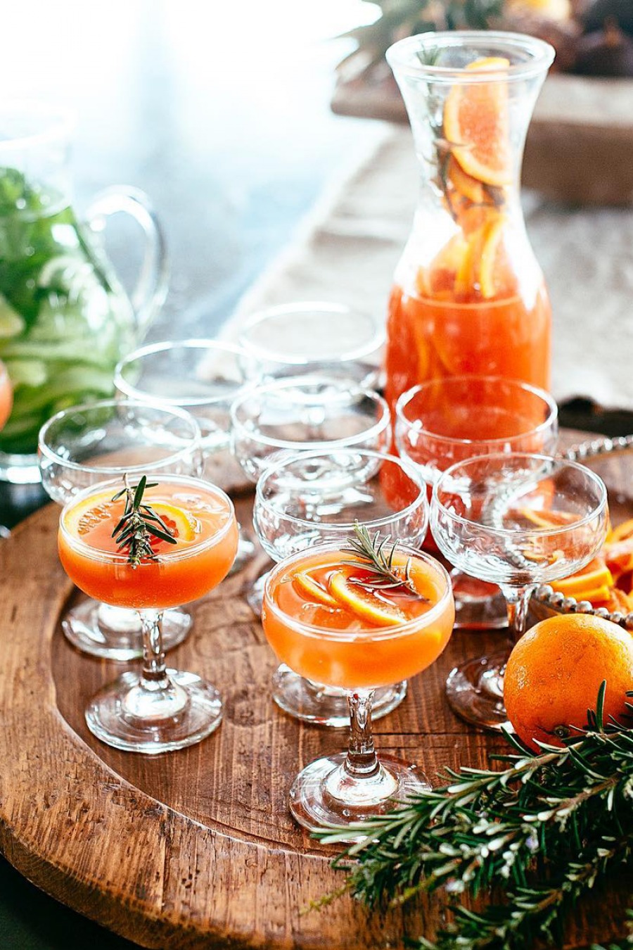 Blood Orange Mimosas with glasses and carafe