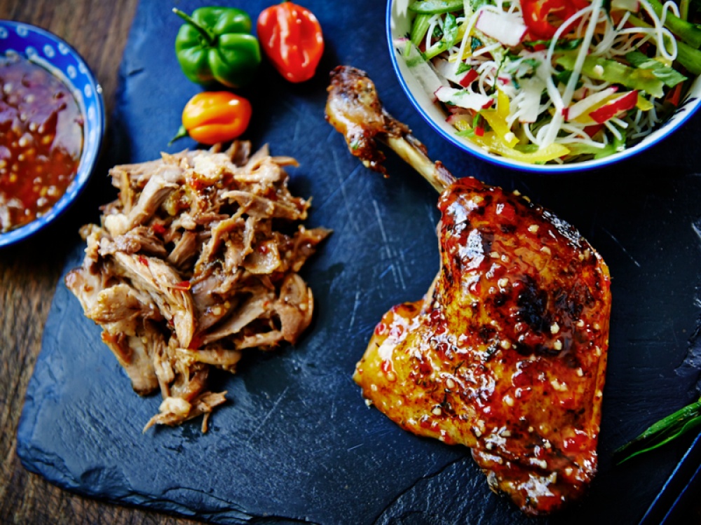 Slow Roasted Pulled Duck Legs with a Sweet Chilli Marinade