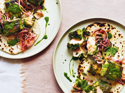 Salmon Tikka Skewers Marinated in Green Chilli, Basil and Coriander