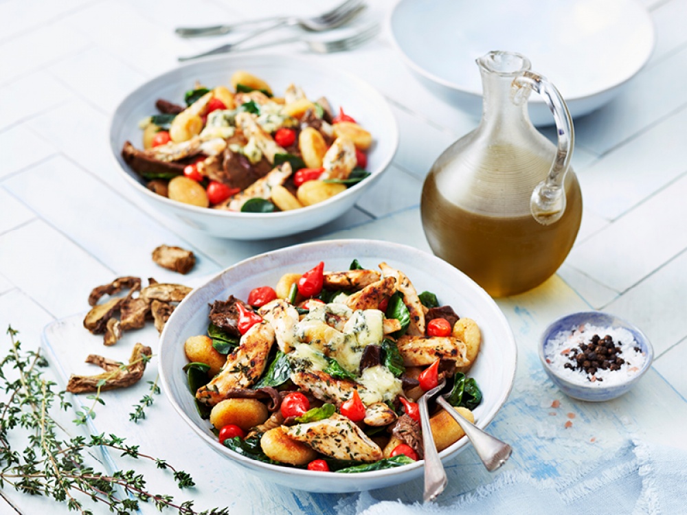 Pan-Fried Gnocchi with Chicken, Porcini and Blue Cheese