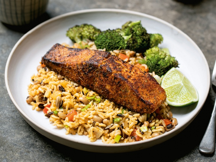 Cajun Salmon  with rice and broccoli