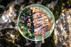 Pork Tomahawk, Potato, Kale and Pickled Walnut Salad