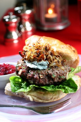 Venison Burger with Blue Cheese and Crispy Shallots