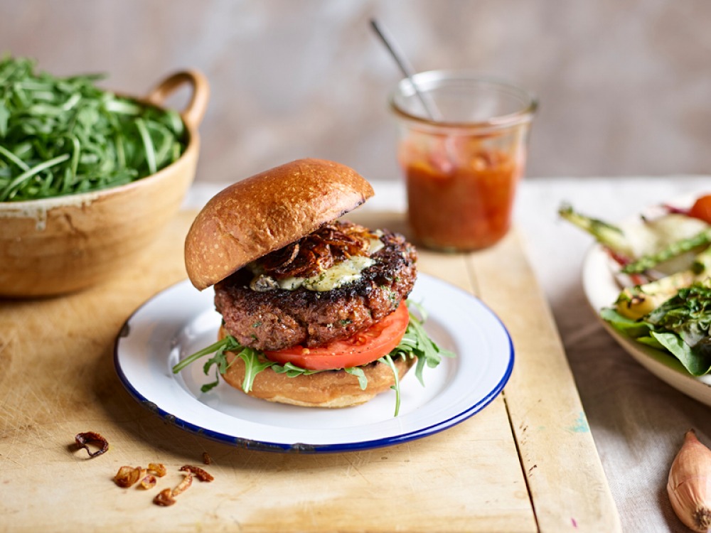 Beef Burger with Blue Cheese and Crispy Shallots