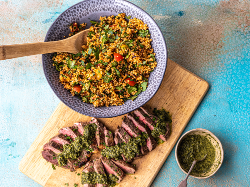 Steaks with Tabbouleh and Watercress Mojo Verde