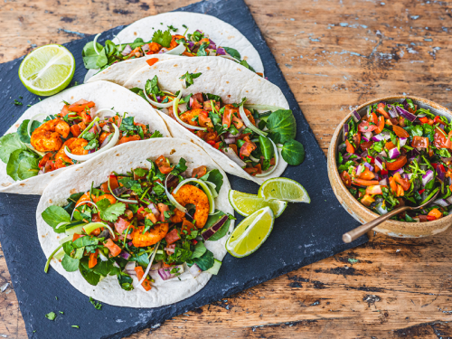Mini Prawn Tacos with Watercress Pico de Gallo