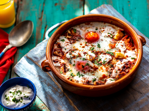 Mexican Baked Eggs with Halloumi and Watercress