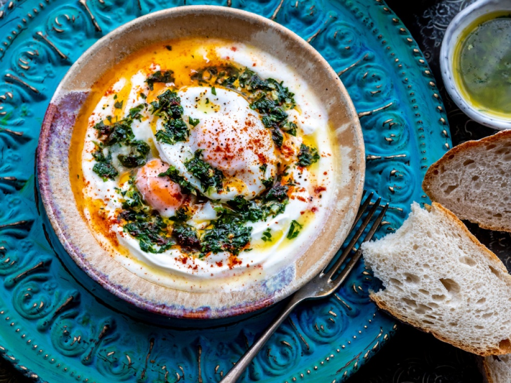 Turkish Eggs with Garlic and Watercress Butter